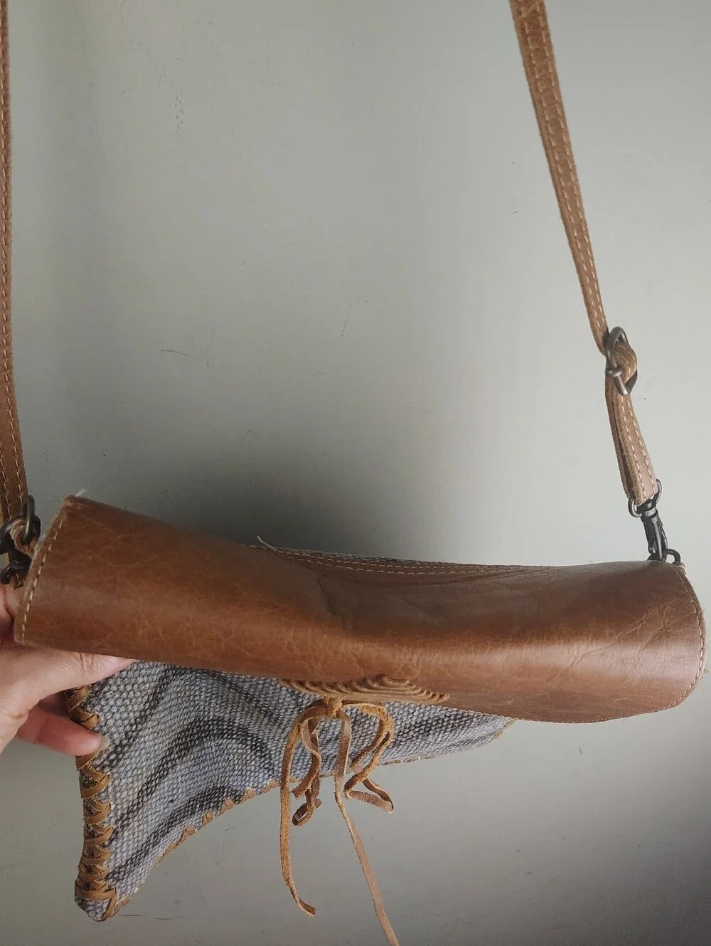 Myra Feelgood Factor Leather Woven Zebra Print Western Crossbody Bag